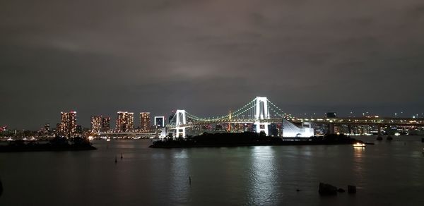 Illuminated city by river against sky at night