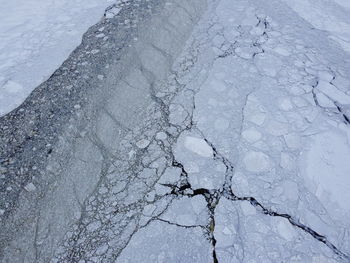 High angle view of frozen water on snow