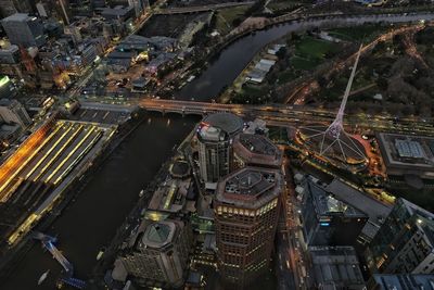 High angle view of city street and buildings, sunset melbourne australia 
