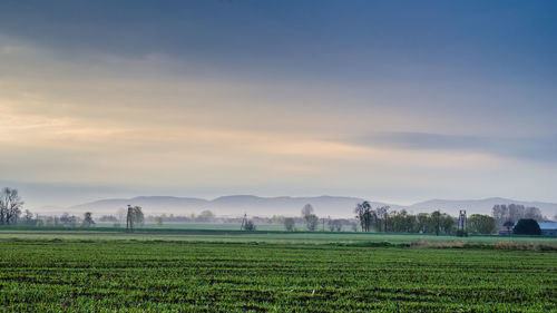 Scenic view of agricultural field against dramatic sky