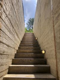 Low angle view of staircase amidst buildings against sky