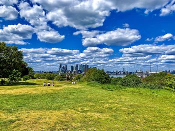 Trees on field against cloudy sky