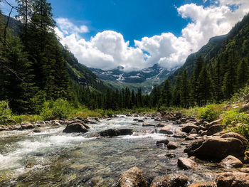 Scenic view of stream flowing through rocks in forest against sky