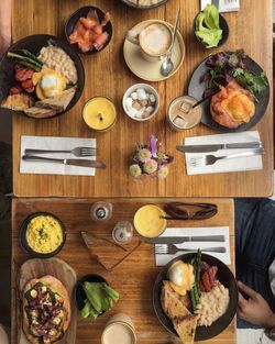 High angle view of meal served on table