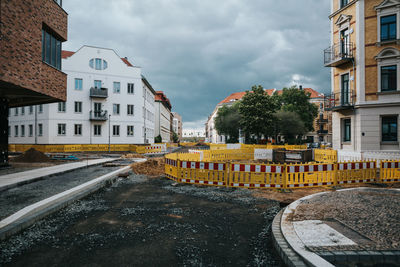 Road block during construction on a street in a residential neighborhood