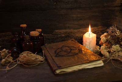 Close-up of lit candles on table