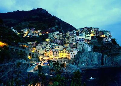 Townscape with mountain range in background