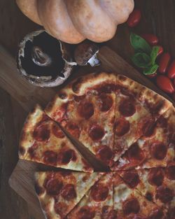 High angle view of pizza on table