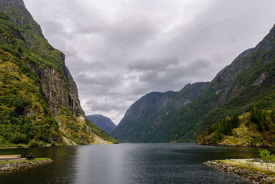 Scenic view of lake and mountains against sky