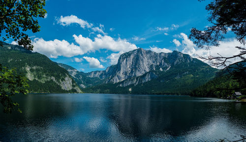 Scenic view of lake and mountains against sky