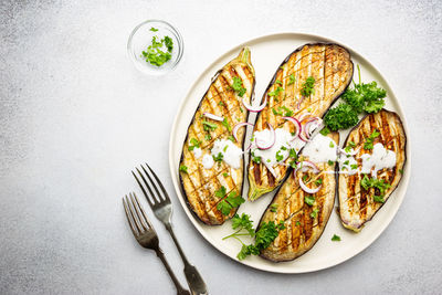 High angle view of food in plate on table