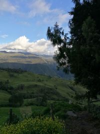 Countryside landscape against mountain range