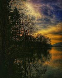 Silhouette tree by lake against sky during sunset