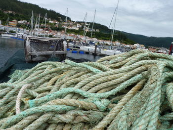 Fishing boats moored at harbor