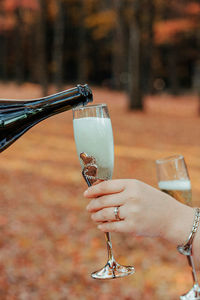 Cropped hand holding champagne flute on field