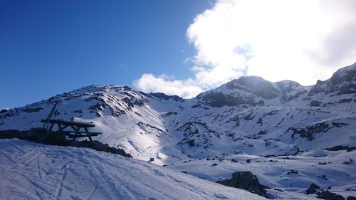 Scenic view of snow covered mountains against sky