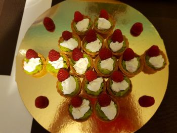 High angle view of dessert on table