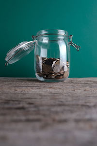 Close-up of drink in jar on table