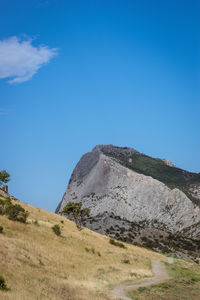 Low angle view of mountain against clear blue sky