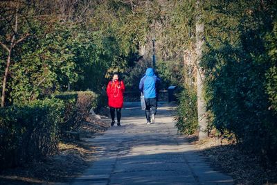 Rear view of people walking on footpath in forest