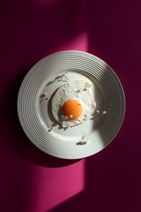 Scrambled eggs on a white plate and on a pink background