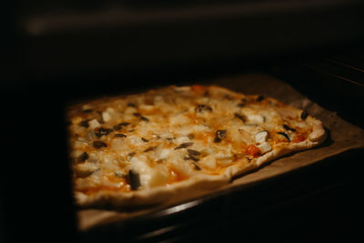 High angle view of pizza on table