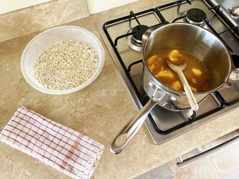 High angle view of breakfast on table at home