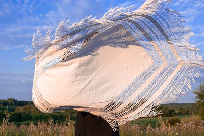 An image of a flying tablecloth on field against sky