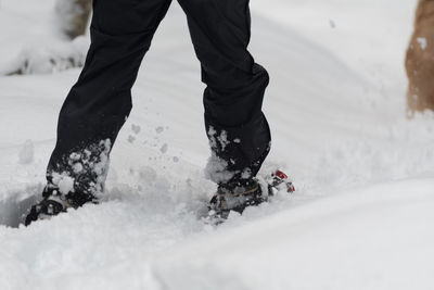 Low section of man wearing snowshoe while walking on snow field