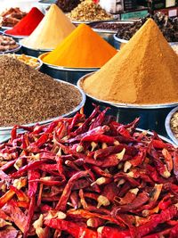 Red chili peppers for sale at market stall