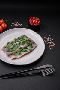 High angle view of food in plate on table