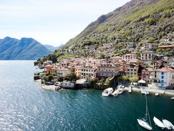 Aerial drone photo of iconic small port and fishing village boats