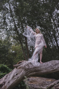 Woman standing by tree in forest