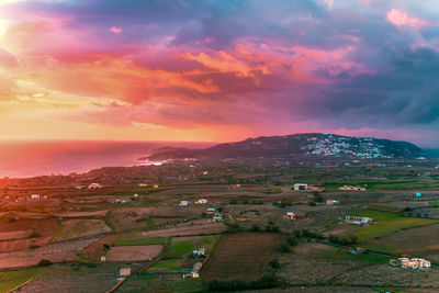 High angle view of landscape against sky during sunset