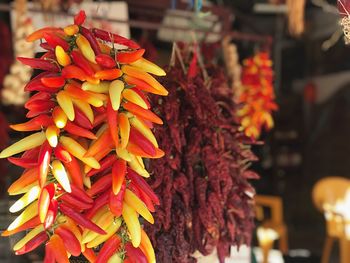 Close-up of red chili peppers for sale in market