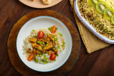 High angle view of food in plate on table