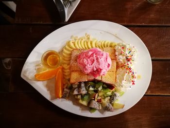 Close-up of dessert served on table