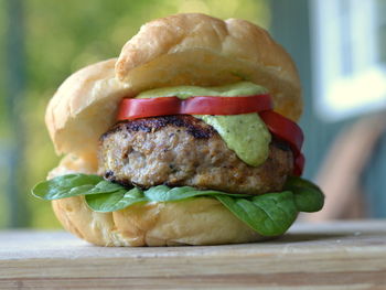 Close-up of burger on table