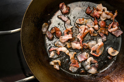 High angle view of meat in cooking pan