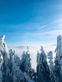 Scenic view of snowcapped mountains against blue sky