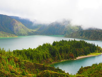 Scenic view of lake by trees against sky