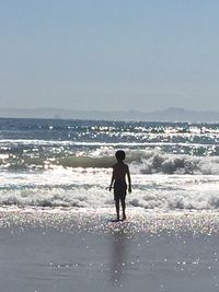 Rear view of people standing on beach
