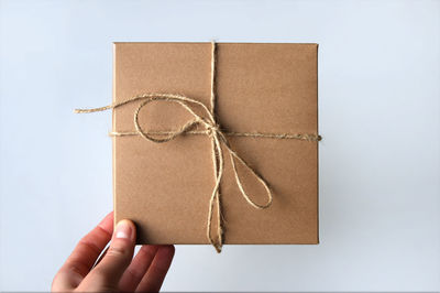 Cropped hand of woman holding gift box against white background