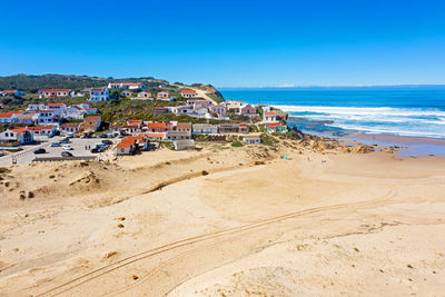 Scenic view of beach by sea against clear blue sky