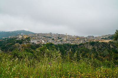 Panoramic view of city buildings against sky