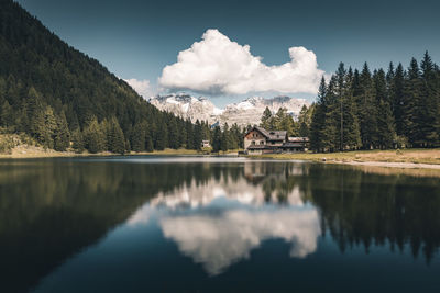 Scenic view of lake by trees against sky