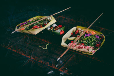 High angle view of various flowers on table