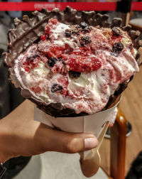 Hand holding ice cream cake