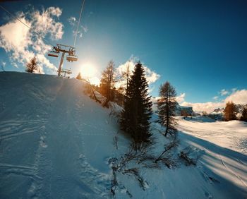 Scenic view of snow covered land against sky