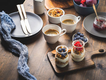 High angle view of breakfast on table